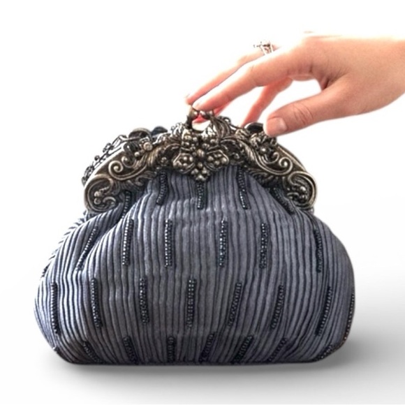 Handbags - Vintage Elegant Beaded Handkerchief Grey Embellished Silver Silk Evening Bag